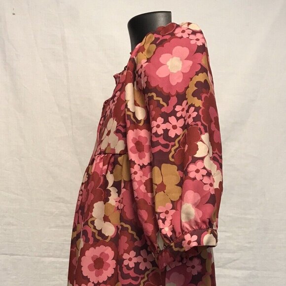 SUGAR LIPS Red FLORAL Cotton Twill PUFF SLEEVE V-Neck PULLOVER Blouse Top Sz L - Picture 5 of 9